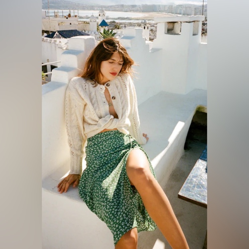 SOLD Rouje Gloria Skirt in green with white flowers FR34 XS S wrap side slit